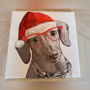 Christmas Dachshund Santa Hat Canvas Wall Hanging - 12” x 12” x 3/4” - NEW!!